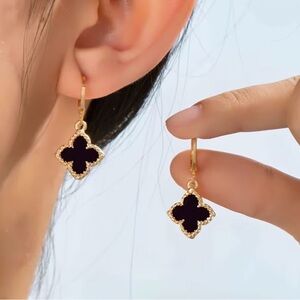 Gold-Plated Black Clover Drop Earrings - Women's Jewelry